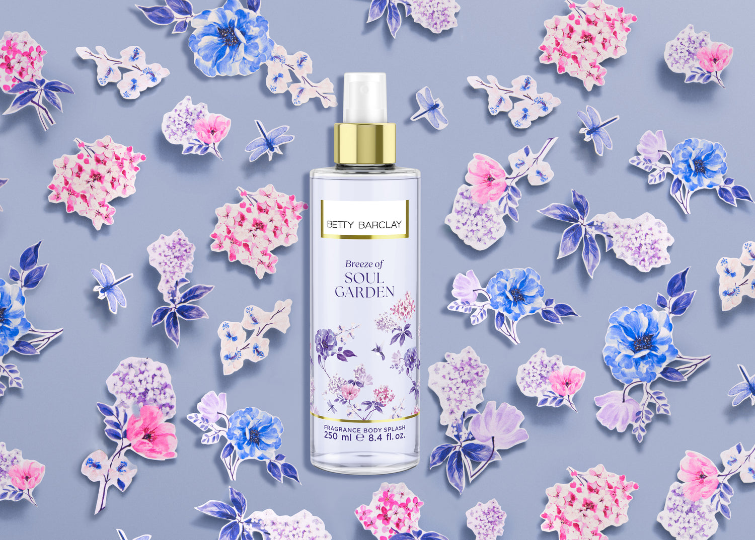 Betty Barclay Soulgarden Body Splash vor buntem Hintergrund