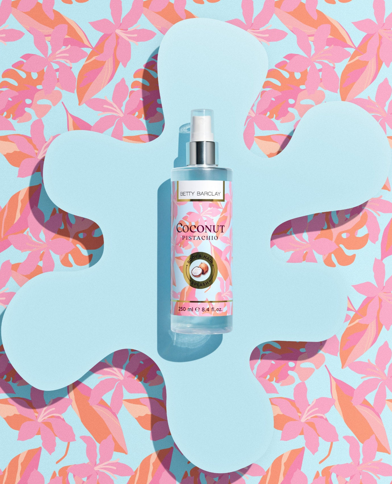 Betty Barclay Coconut Pistachio Bodyspray vor buntem  Hintergrund